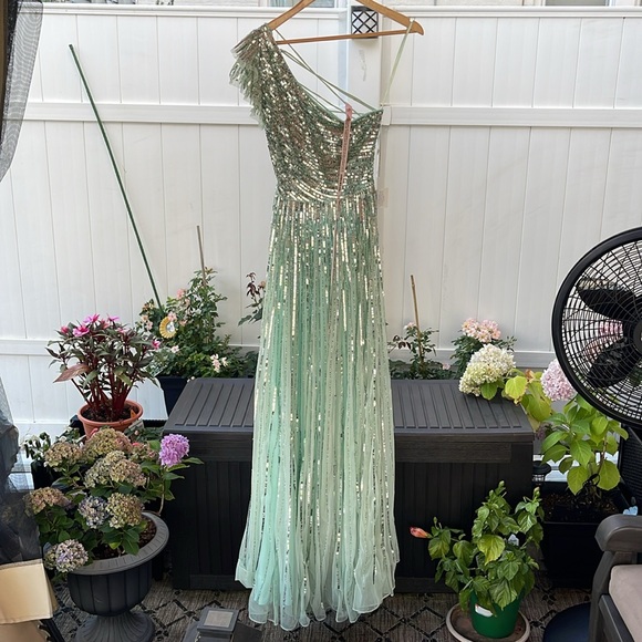 Mac Duggal - Sequined One Shoulder Flutter Sleeve A-Line Gown - Picture 3 of 16